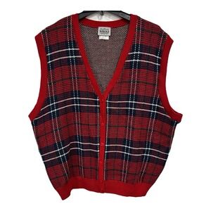 Vintage Nikki Sweater‎ Vest Womens 1x Red Blue Plaid Button Front USA FLAW READ